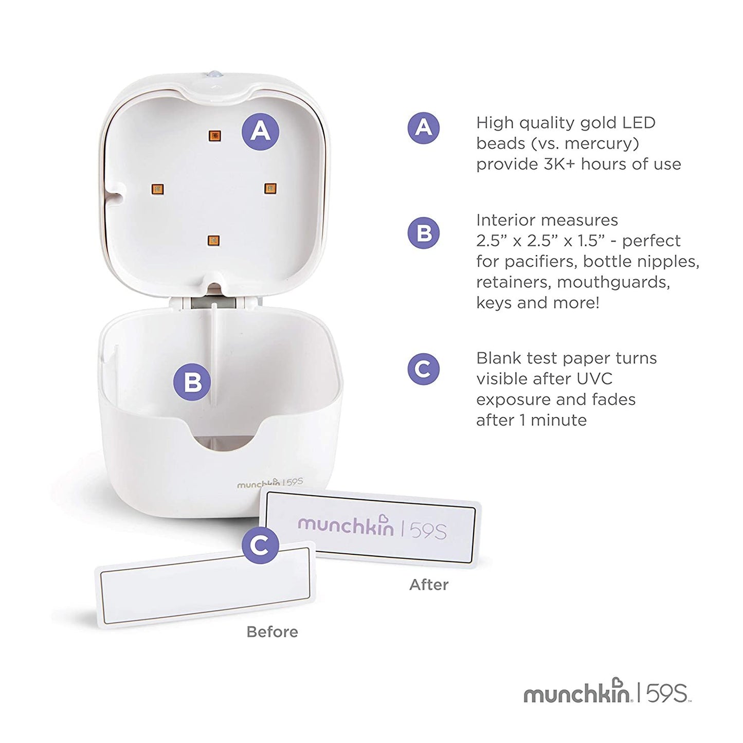 Munchkin Portable UV Sterilizer, Kills 99.99% of Germs in 59 Seconds, White, Mini UV Light Sanitizer Box