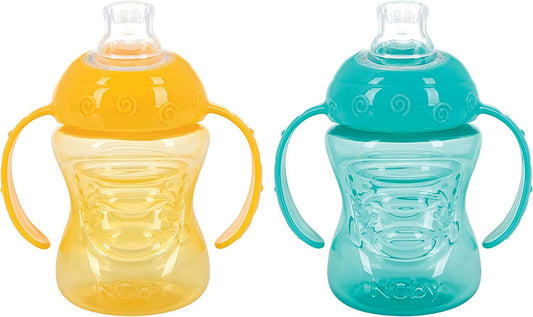 Nuby Two-Handle No-Spill Super Spout Grip N' Sip Cups, 8 Ounce (2 Count, Yellow, Aqua)