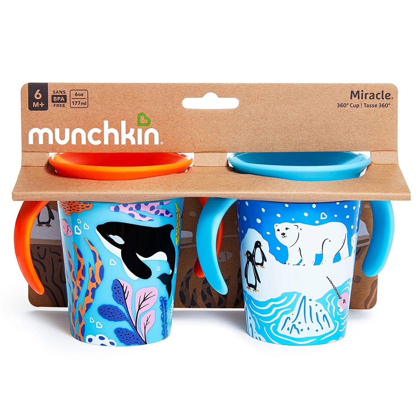 Munchkin Miracle 360 Wild Love Sippy Cup, 6 Ounce, 2 Pack, Polar Bear/Orca