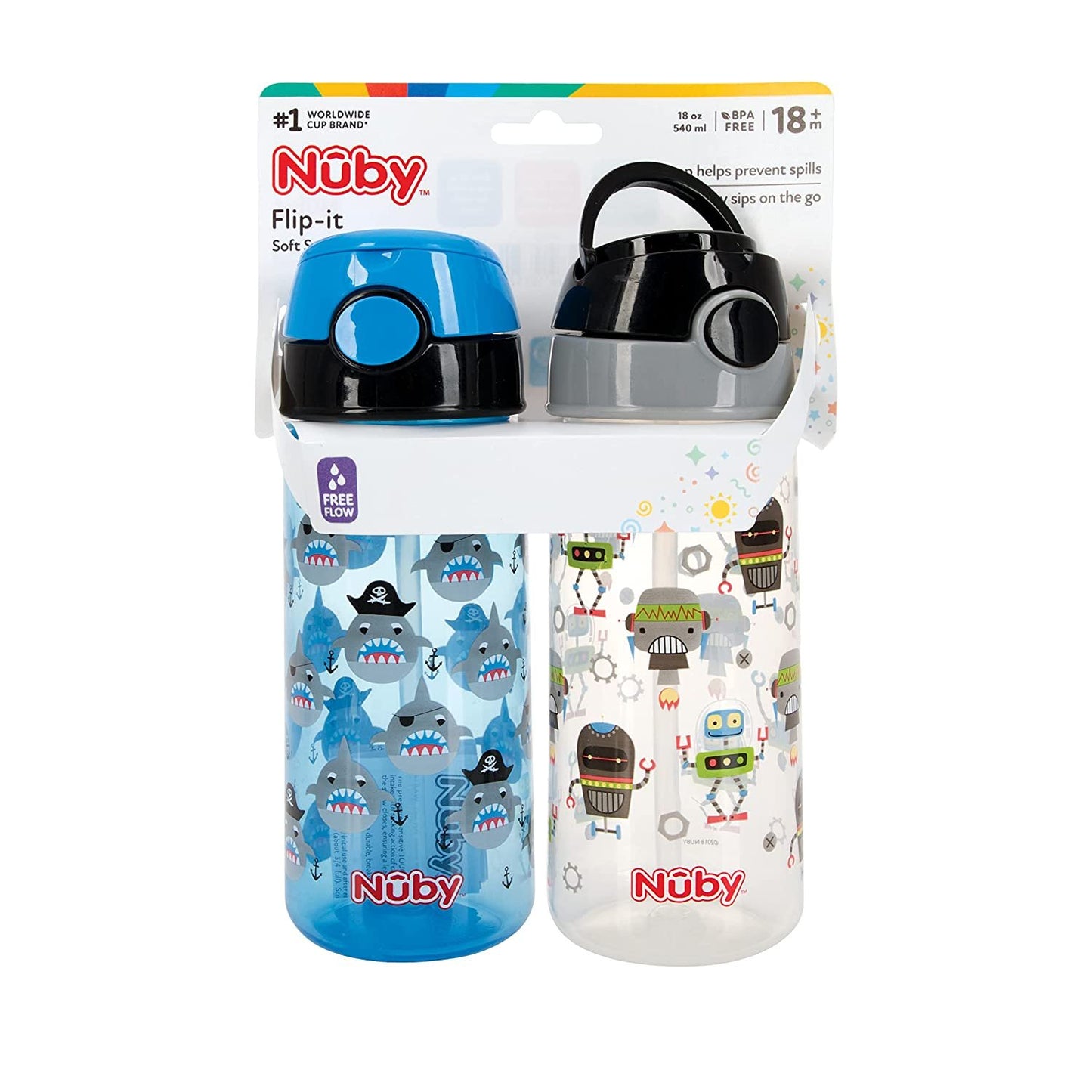 2-Pack Nuby Kid’s Printed Flip-it Active Water Bottle with Push Button Cap and Soft Straw - 18oz / 540ml, 18+ Months, 2-Pack, Prints May Vary