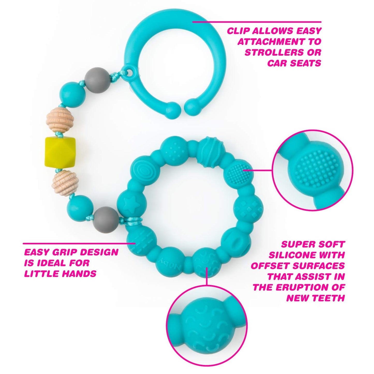 Nuby 100% Silicone Teether Ring with Silicone Beaded String and Clip for Carseat and Stroller, 3 Months +, Colors May Vary