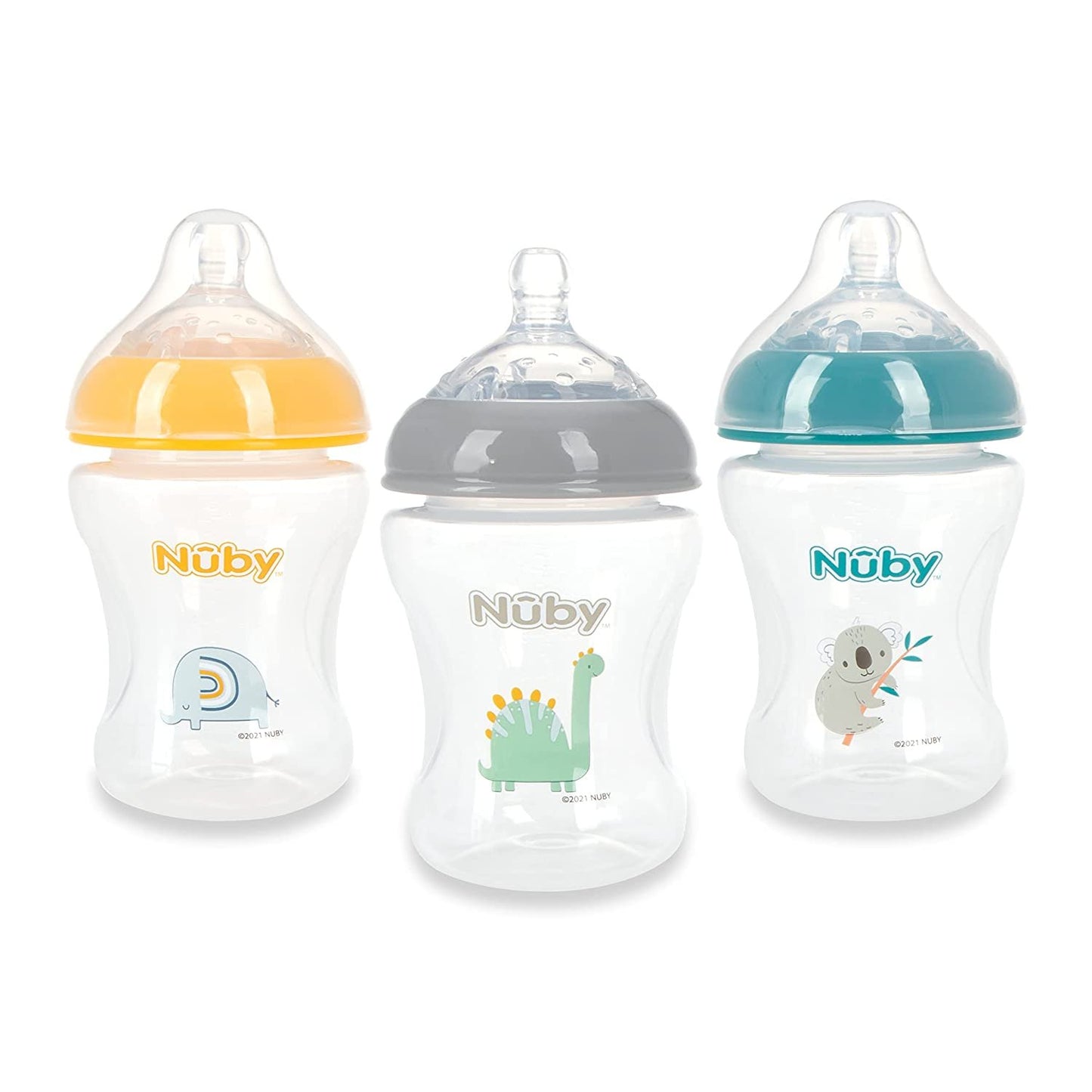 Nuby 3-Pack Infant Feeding Bottles with Slow Flow Breast Size Silicone Nipple: 0+ Months, 8oz, 3 Pack Set: Delicate Koala, Elephant, Dinosaur Prints