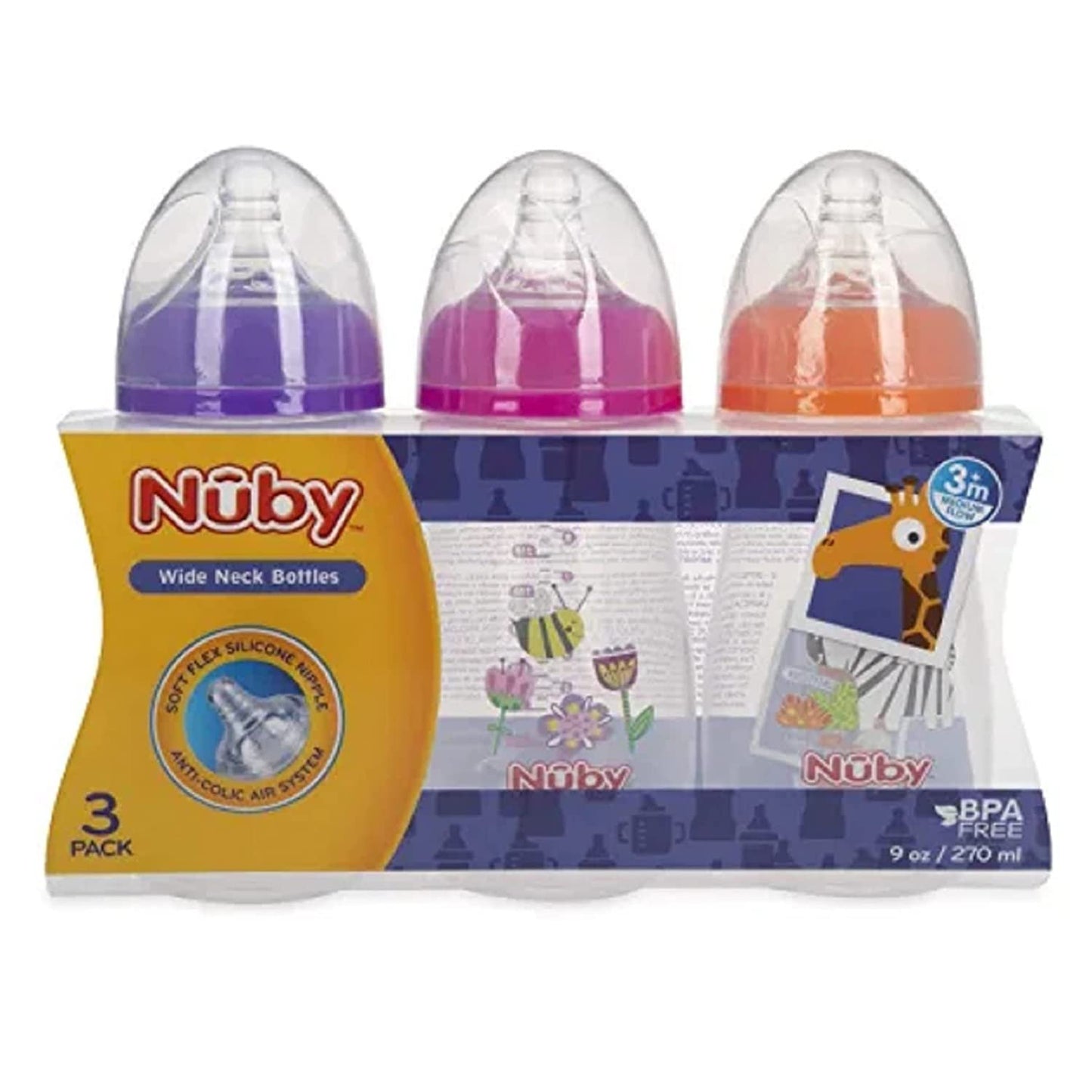 Nuby Tritan Wide Neck Non-Drip Bottles with Anti-Colic Air System: 9oz./ 270 Ml, 3 Pack, 0M+, Purple/Pink/Orange
