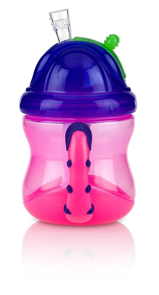 Nuby Two-Handle Flip N' Sip Straw Cup, 8 Ounce, Green with Pink