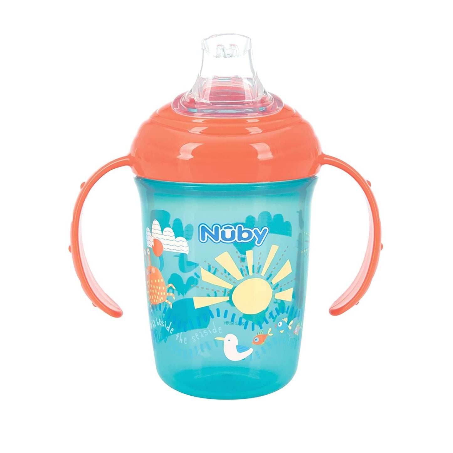 Nuby 2-Handle No-Spill Printed Trainer Cup with Soft Spout and Hygienic Cover - 8oz/ 240 ml, 4+ Months, 1 pk Aqua with Ocean Print