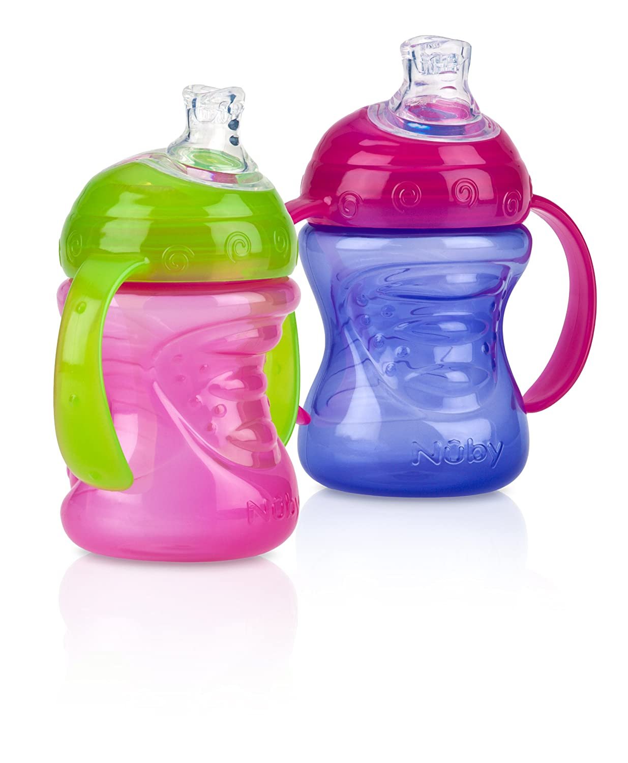 Nuby Two-Handle No-Spill Super Spout Grip N' Sip Cups, 8 Ounce (2 Count, Multi)
