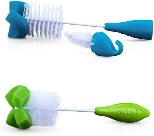 Nuby 2-Pack Bottle and Nipple Brush with Sponge Tip, Green/Aqua