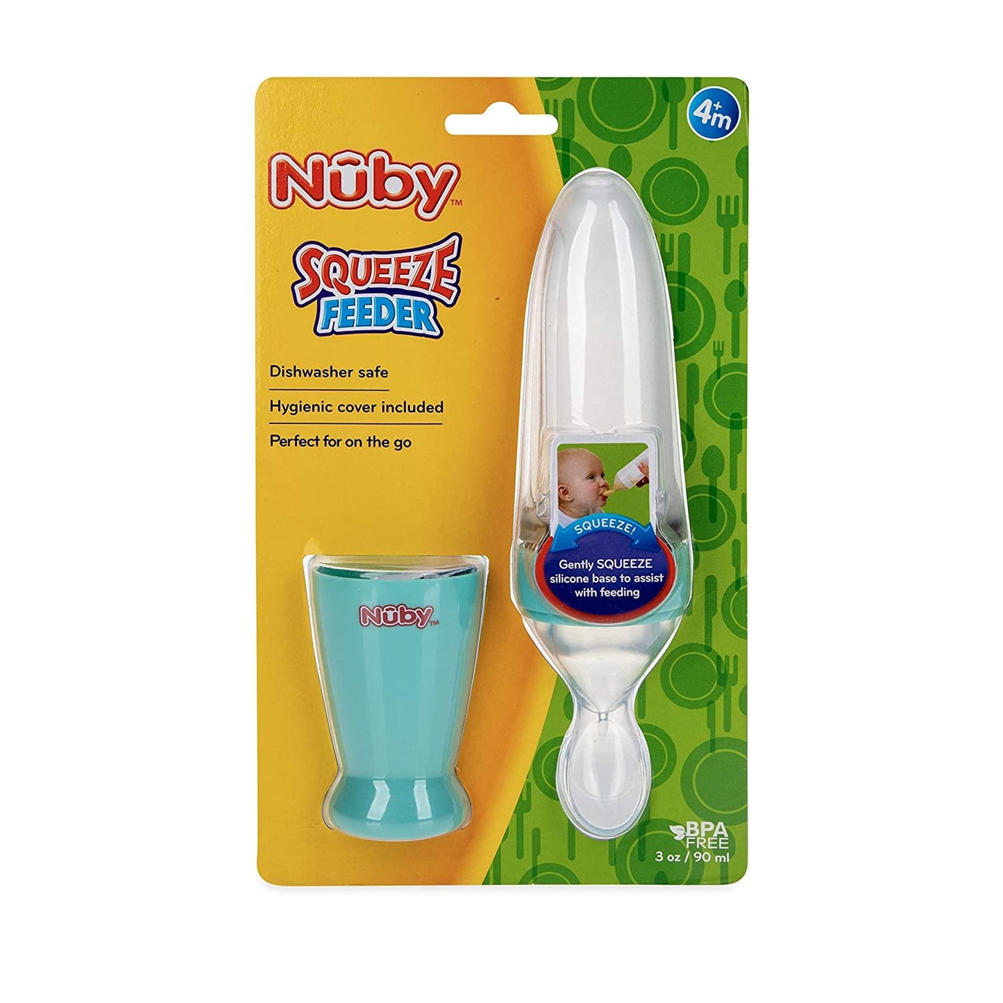 Nuby New & Improved Silicone Food Dispensing Squeeze Feeder with Cover & Stand, 4+ Months/ 3 Oz/ 90 Ml, Colors Vary: Blue, Pink, Green
