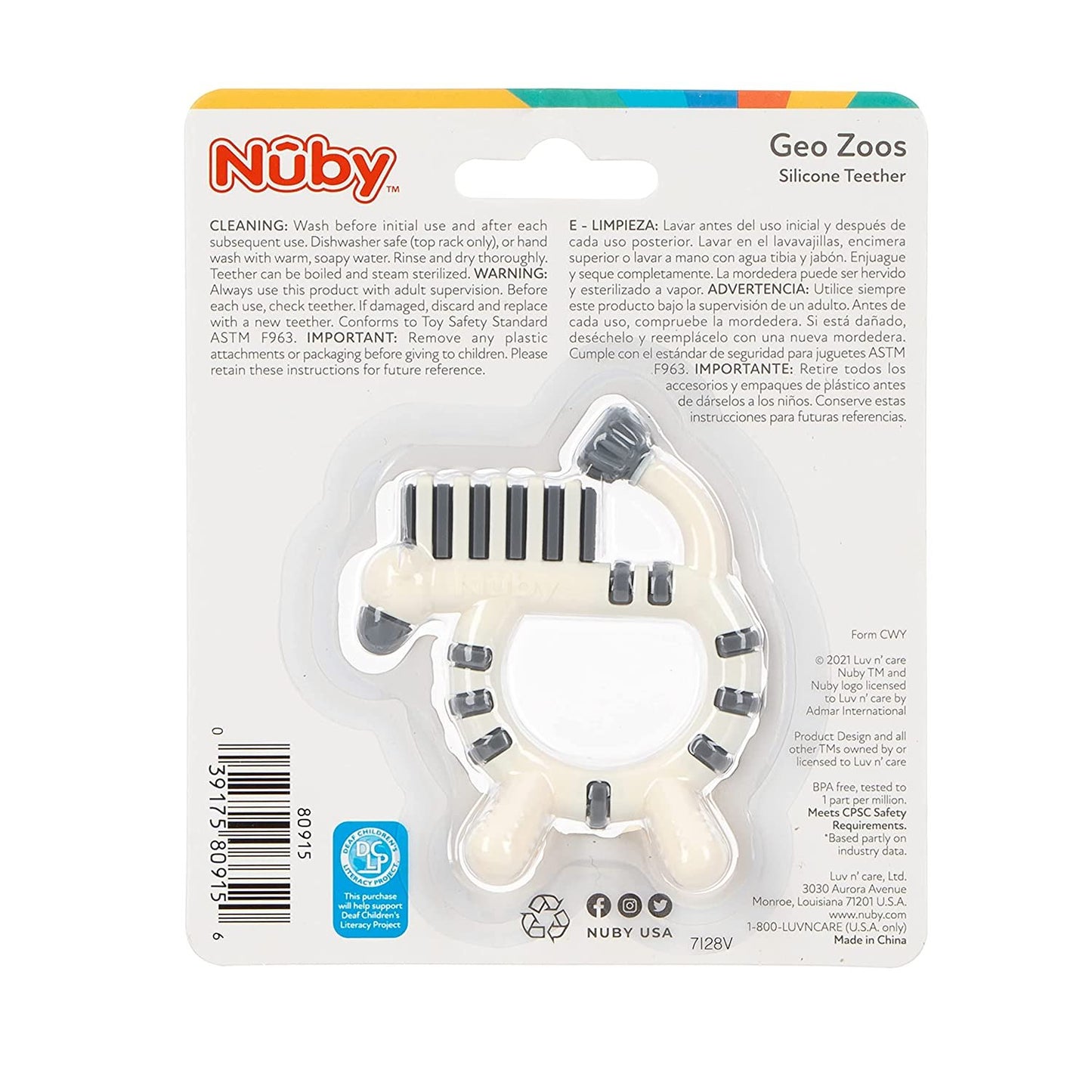 Nuby Geo Zoos Massaging Silicone Teether with Multiple Textures, 3m+, Zebra