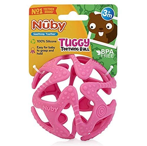 Nuby 100% Silicone Tuggy Teether Ball, 6 Months+ (Pink)