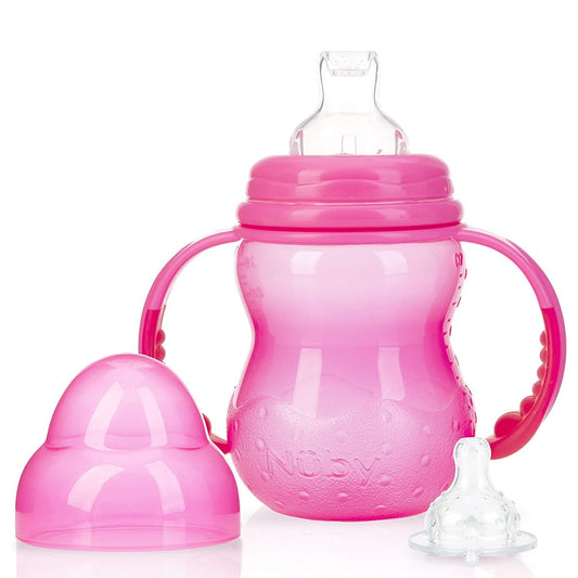 Nuby 3-Stage Wide Neck No Spill Bottle with Handles and Non-Drip Juice Spout, 3 Months, 8 Ounce, Pink