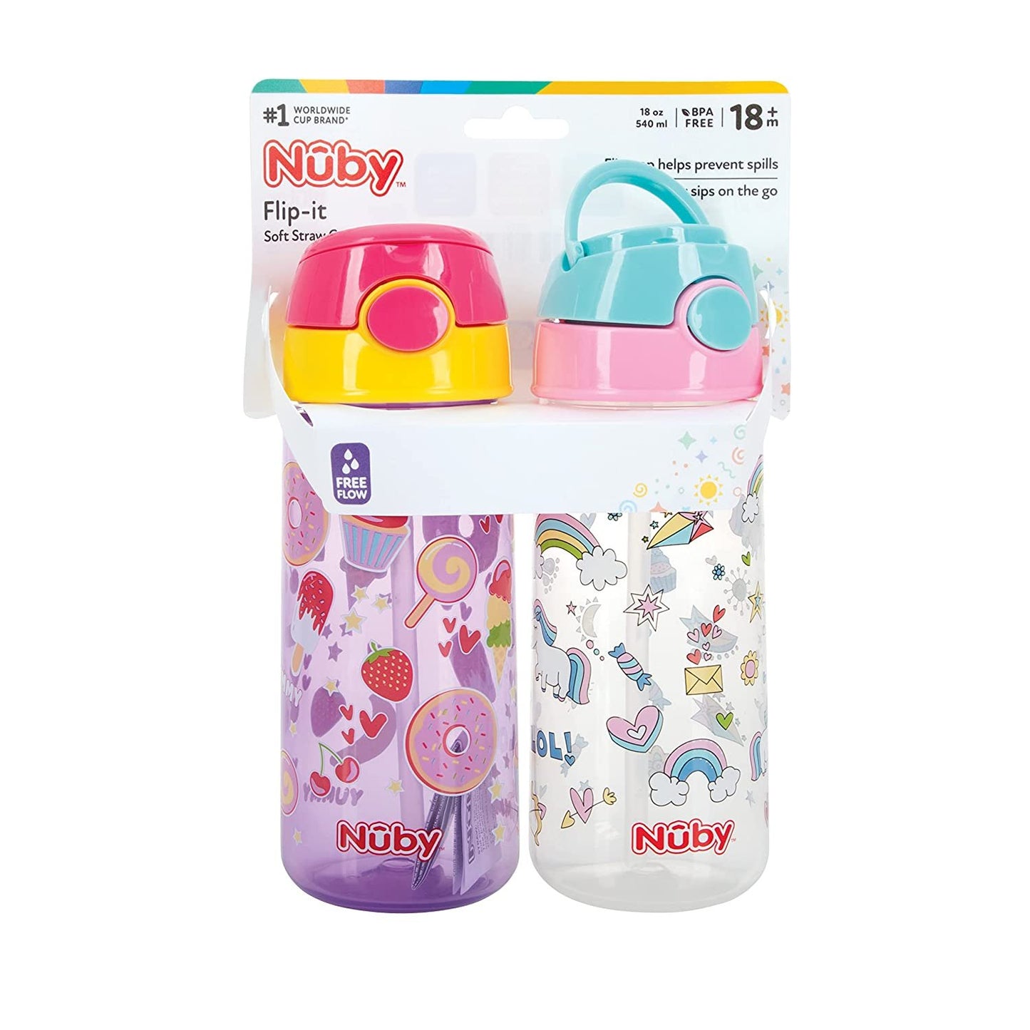 2-Pack Nuby Kid’s Printed Flip-it Active Water Bottle with Push Button Cap and Soft Straw - 18oz / 540ml, 18+ Months, 2-Pack, Prints May Vary