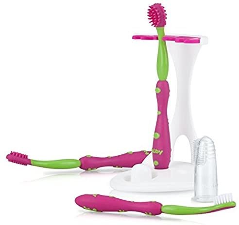 Nuby 4-Stage Oral Care Set with 1 Silicone Finger Massager, Massaging Brushes, 1 Nylon Bristle Toddler Tooth Brush,