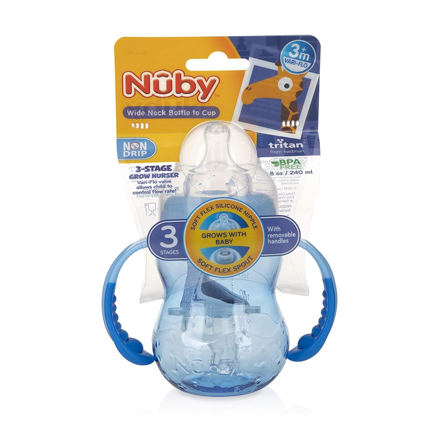 Nuby 3 Stage Tritan Wide Neck Grow with Me No-Spill Bottle to Cup, 8 Oz,
