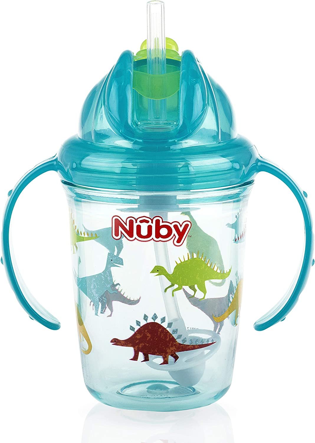 Nuby Tritan No Spill Flip N' Sip Twin Handle Printed Cup with 360 Weighted Straw (Aqua, Jurassic Origami)