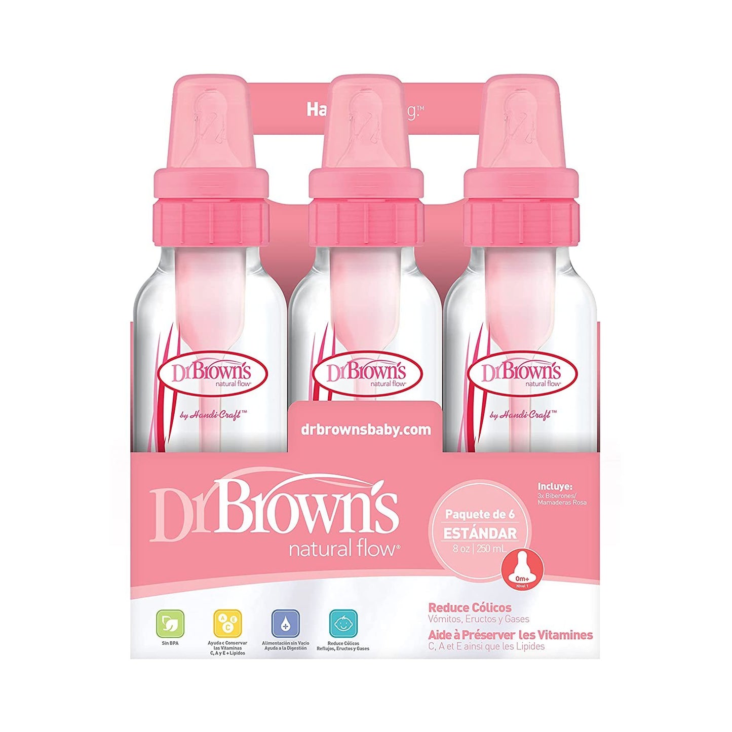 Dr. Brown's Natural Flow Original Baby Bottle, Pink, 8 Oz, 6 Count