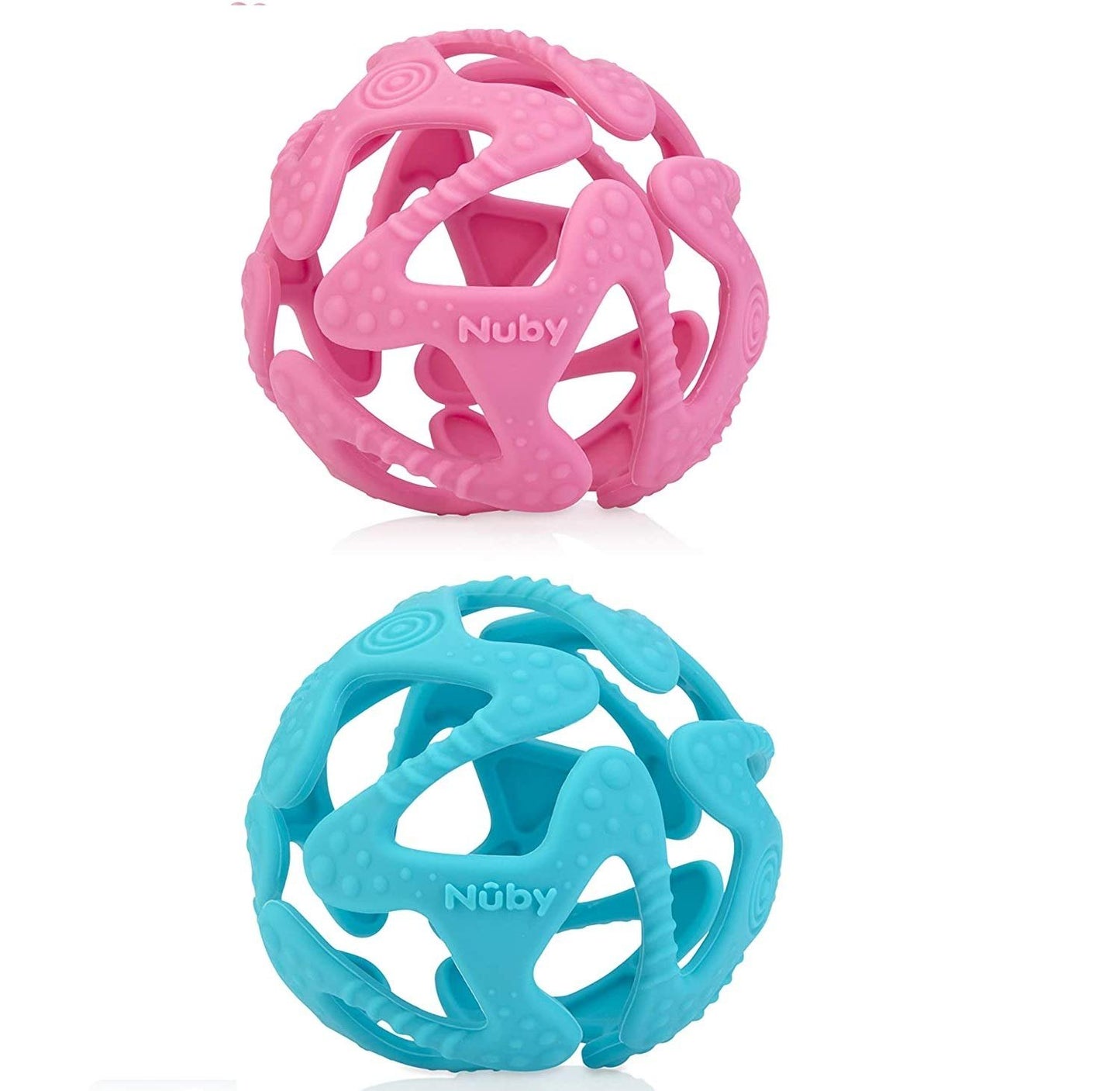 Nuby 100% Silicone Tuggy Teether Ball (Pink/Aqua) - 2 Pack