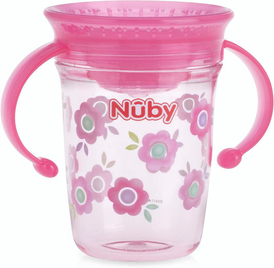 Nuby Tritan No Spill 2 Handle 360 Degree Printed Wonder Cup (Gray bear print, Purple hearts, Pink flowers)