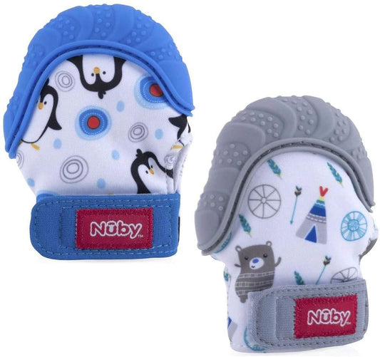 nuby soothing teething mitten 2-pack| grey bears and blue penguins