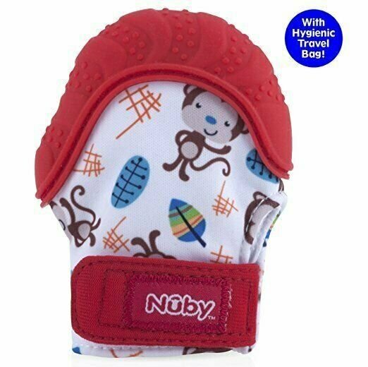 Nuby Soothing Teething Mitten with Hygienic Travel Bag Red
