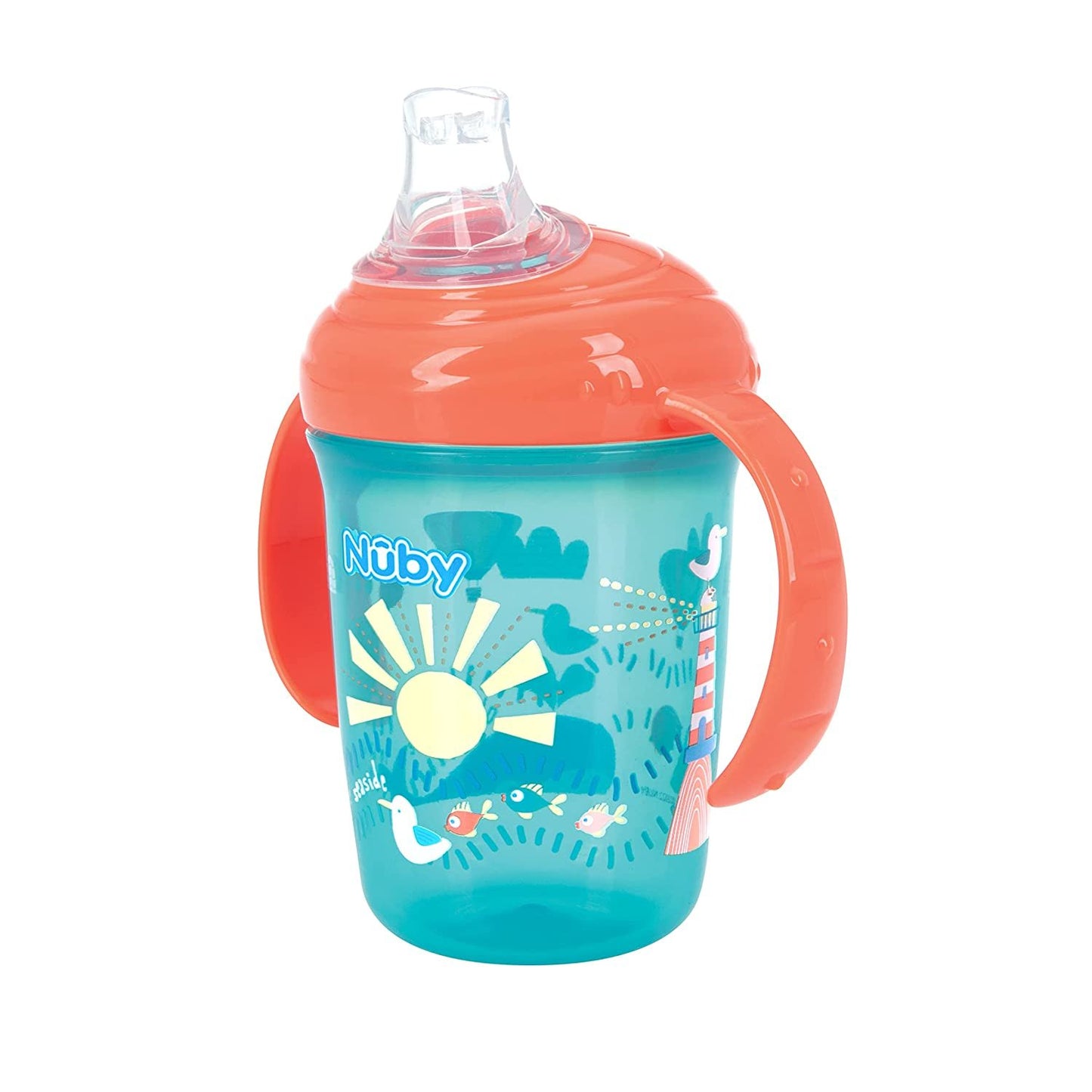 Nuby 2-Handle No-Spill Printed Trainer Cup with Soft Spout and Hygienic Cover - 8oz/ 240 ml, 4+ Months, 1 pk Aqua with Ocean Print