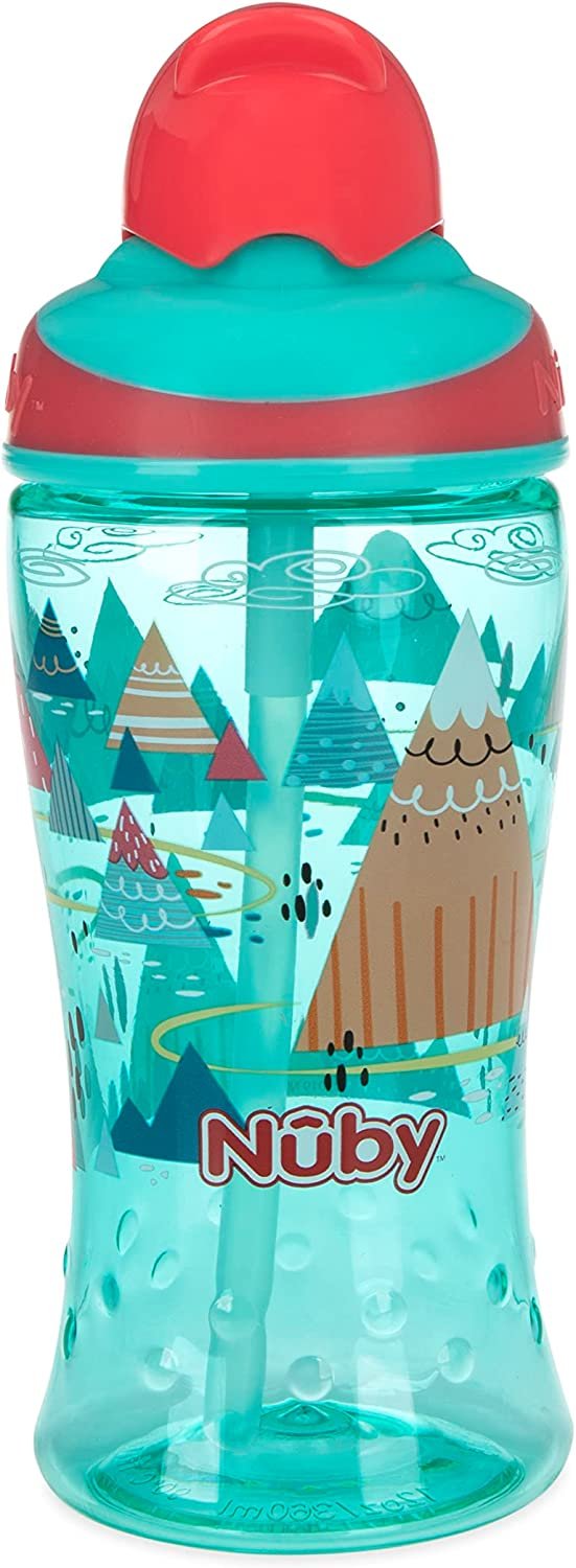 Nuby Thirsty Kids No-Spill Flip-it Printed Boost Cup with Thin Soft Straw - 12oz, 18+ Months, 1 Pack (Space Man Blue)