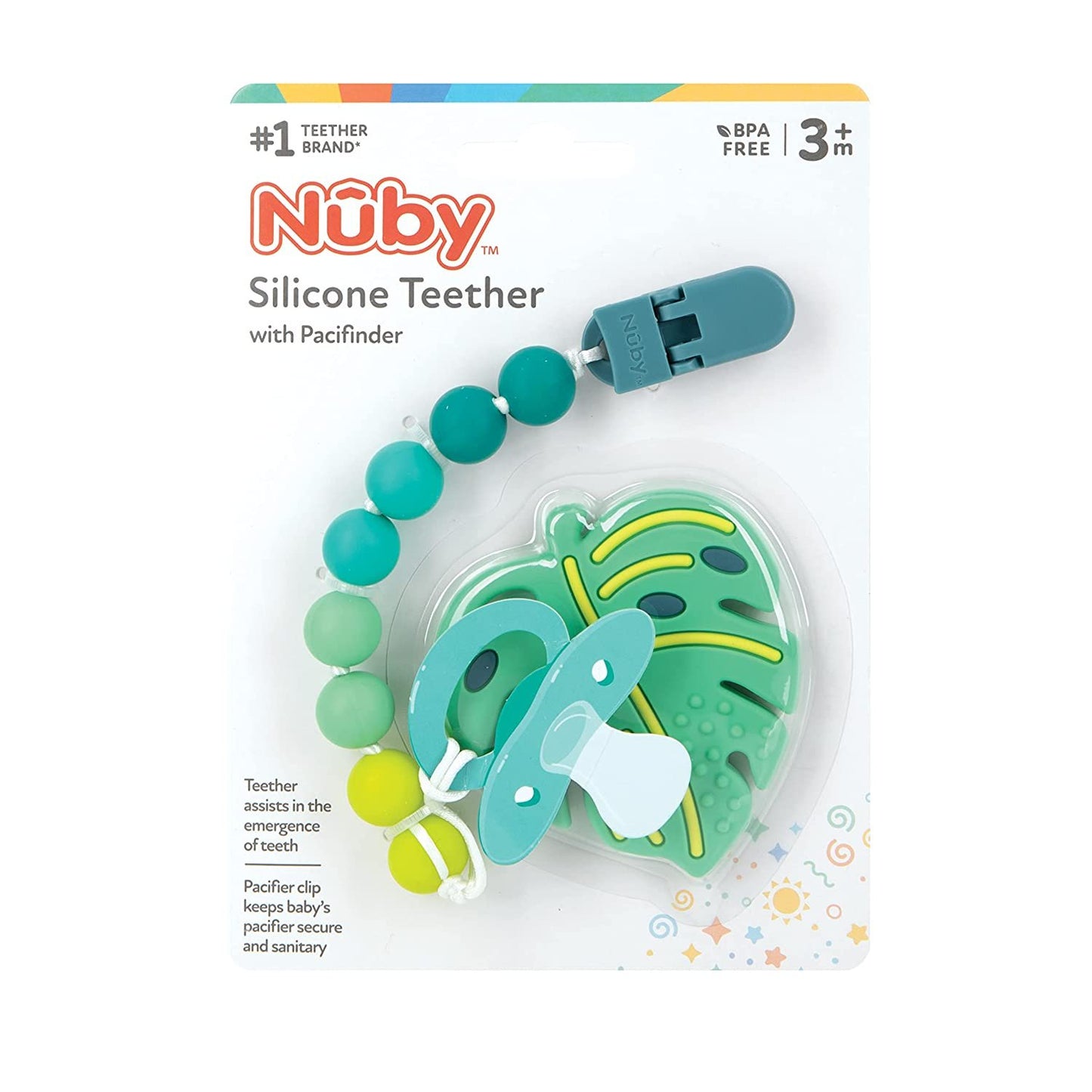 Nuby All Silicone Teether with Bonus Silicone Pacifinder with Clip - 3+ Months, 1pk, Assorted Neutral Designs