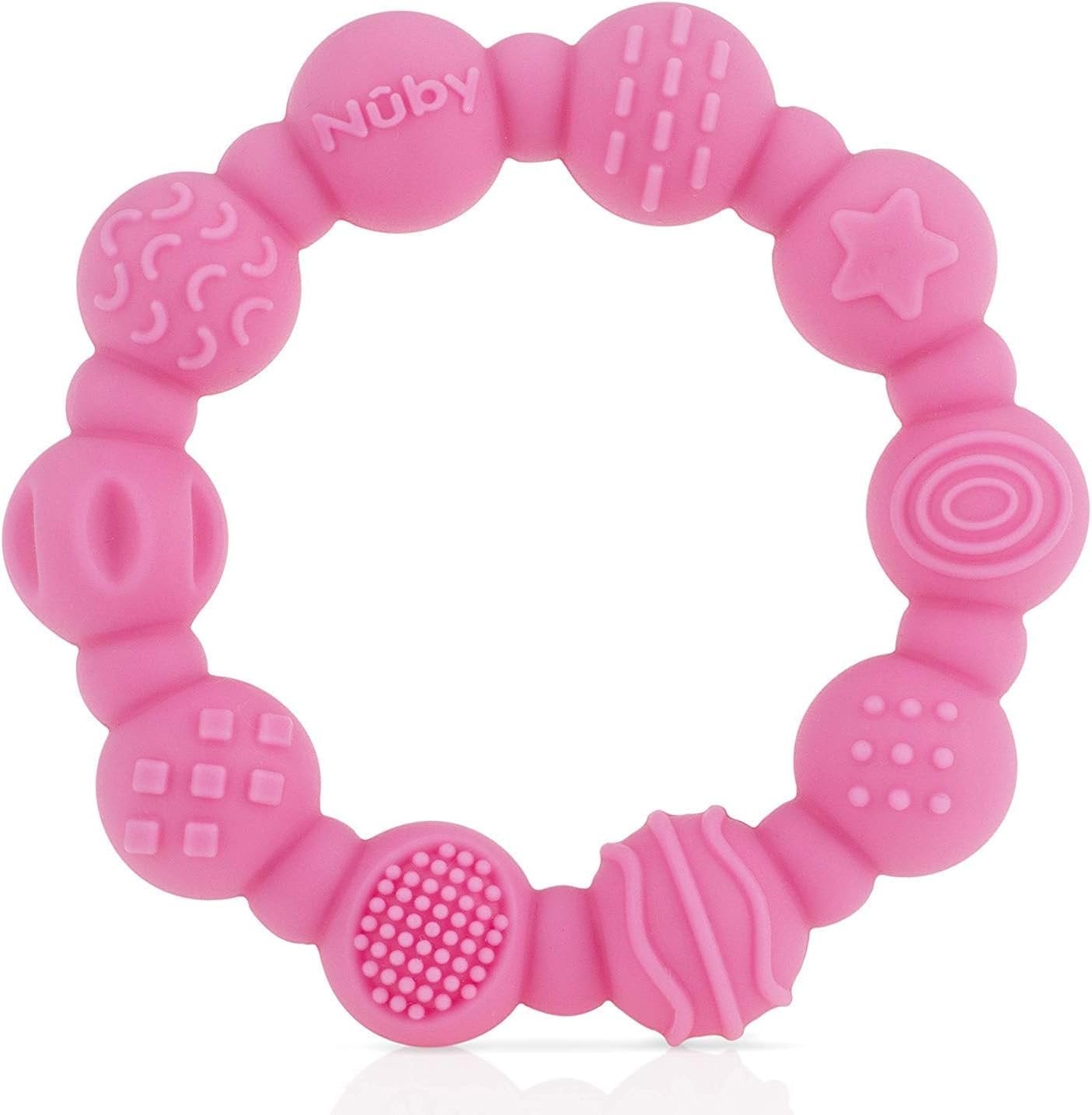 Nuby 100% Silicone Teether Ring, 3 Months + (Pink)
