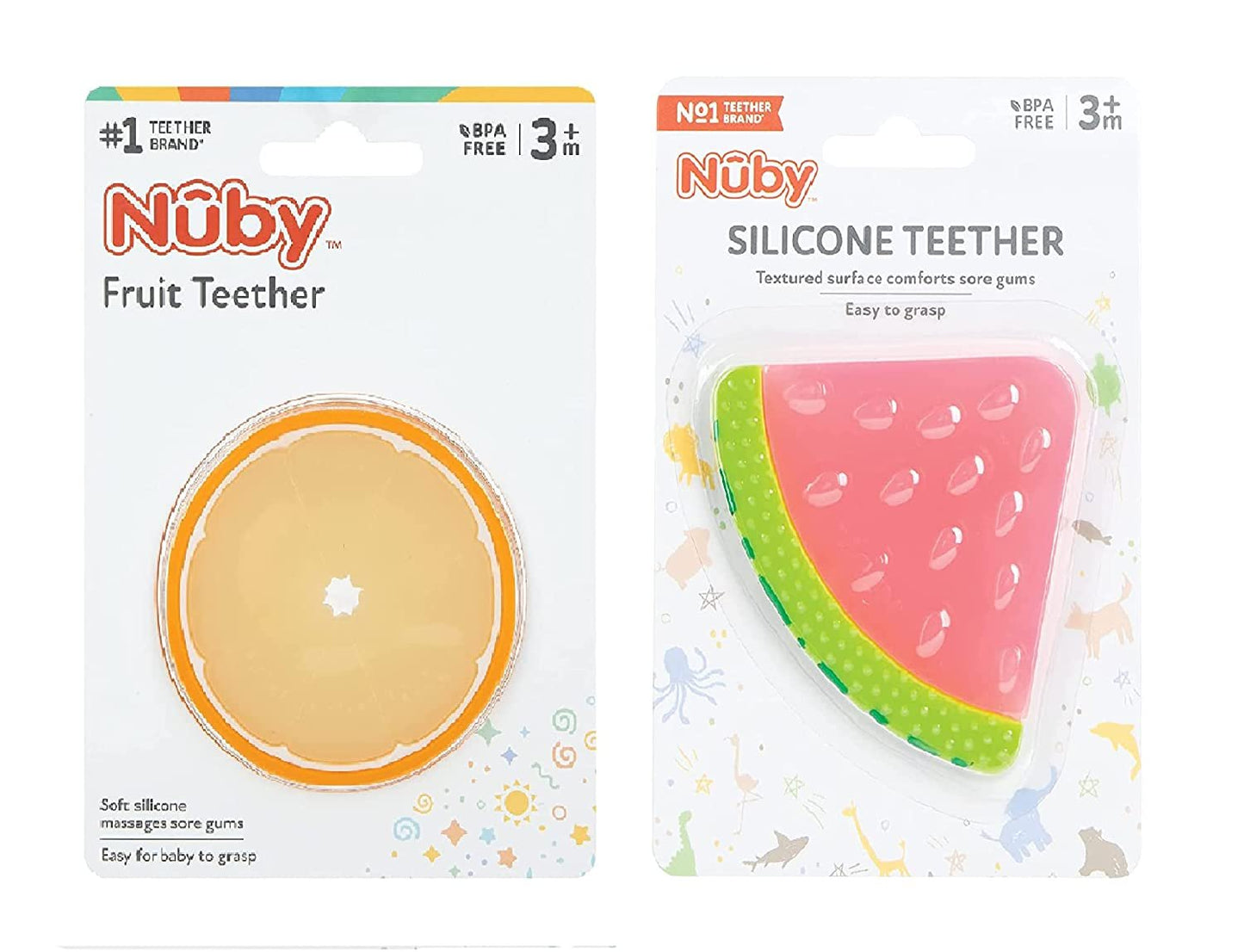 Nuby 100% Silicone Fruit Teether, 3M+, Orange & Watermelon