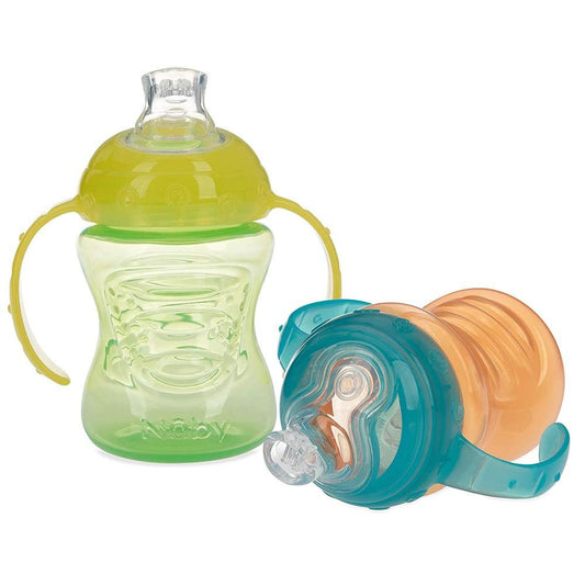 Nuby No-Spill Super Spout Grip N' Sip Cups 2 Pack, Orange/Green
