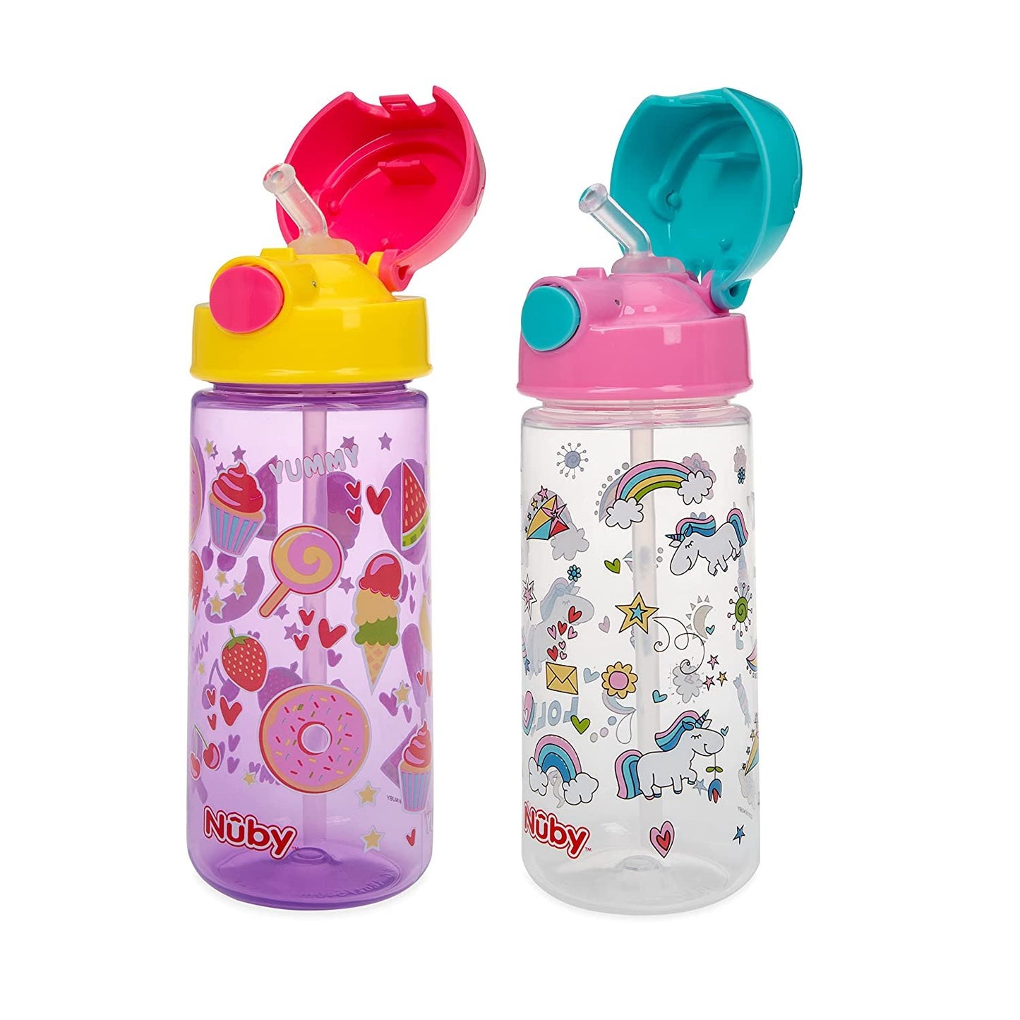 2-Pack Nuby Kid’s Printed Flip-it Active Water Bottle with Push Button Cap and Soft Straw - 18oz / 540ml, 18+ Months, 2-Pack, Prints May Vary