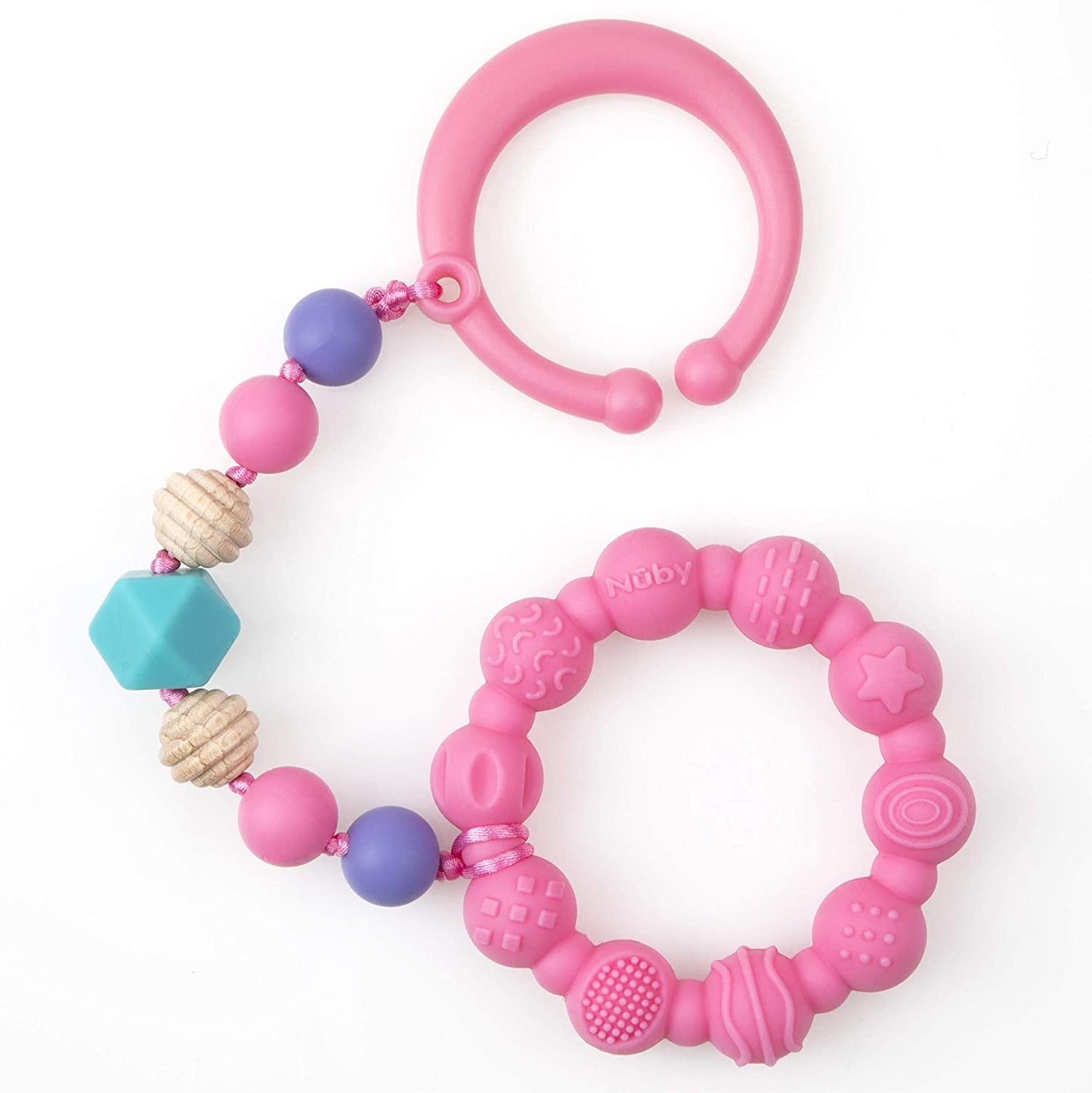 Nuby 100% Silicone Teether Ring with Silicone Beaded String and Clip for Carseat and Stroller, 3 Months +, Colors May Vary