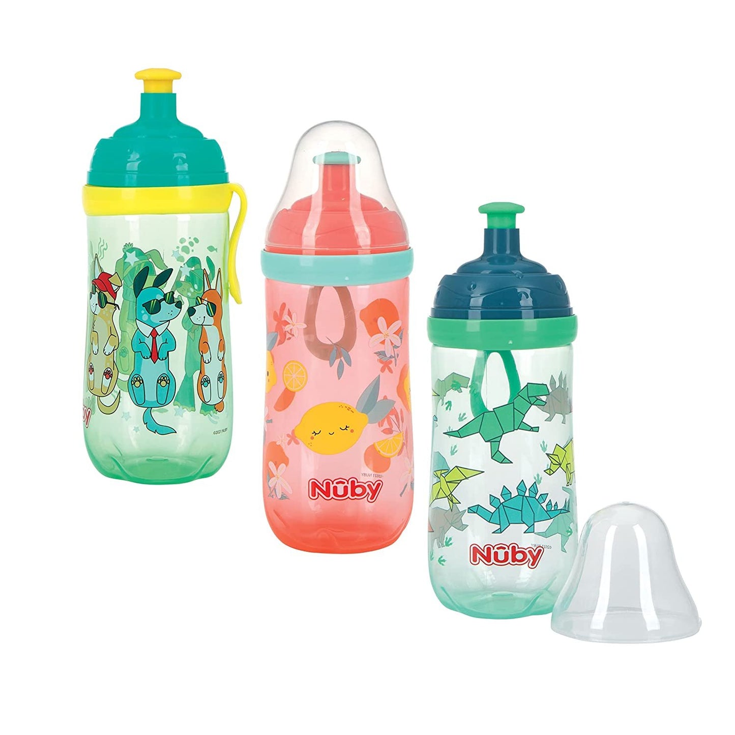 Nuby 2-Stage Busy Sipper Cup with No-Spill Silicone Spout and Free-Flow Pop-Up, 12 Ounce,Assorted( Colors/Designs May Vary)