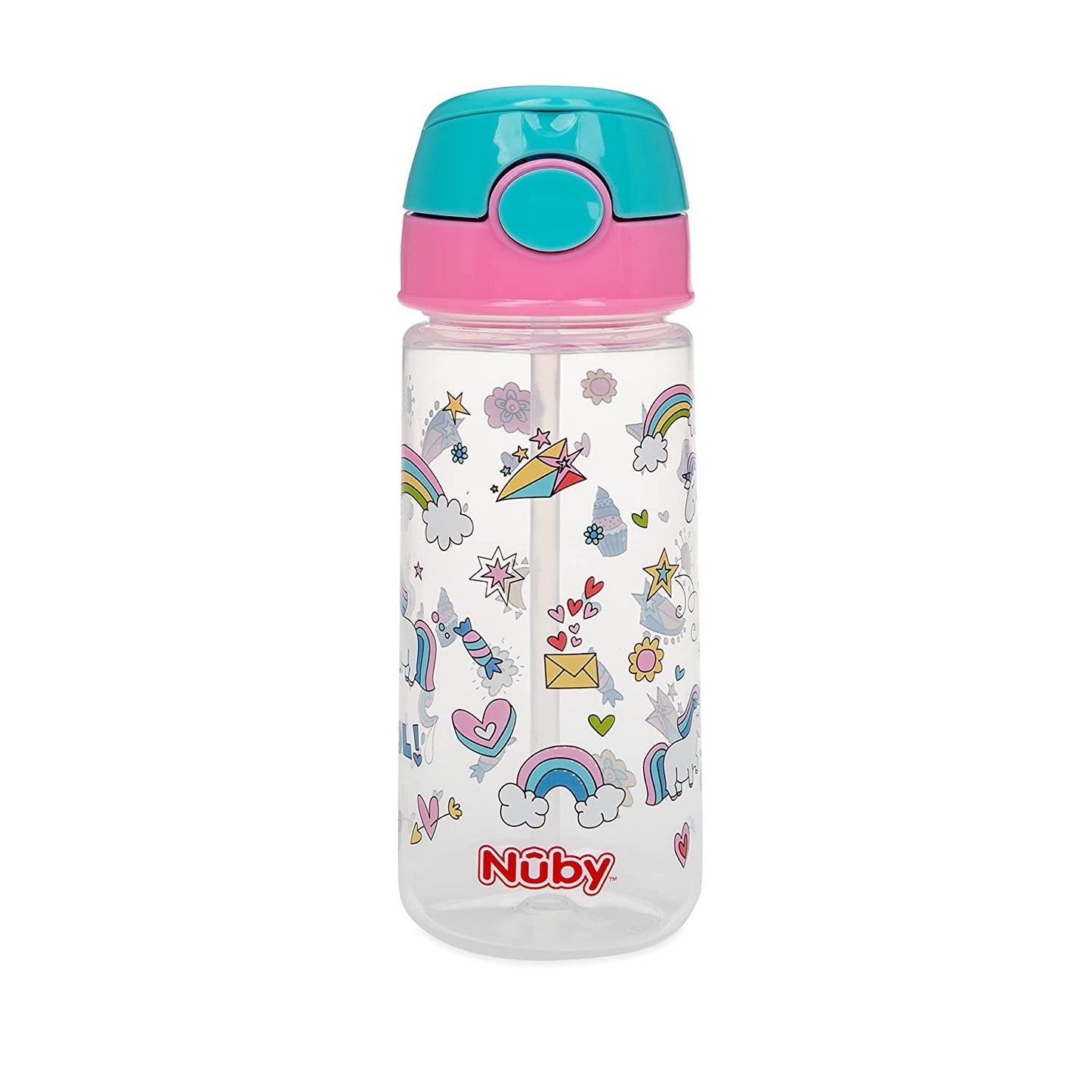 2-Pack Nuby Kid’s Printed Flip-it Active Water Bottle with Push Button Cap and Soft Straw - 18oz / 540ml, 18+ Months, 2-Pack, Prints May Vary