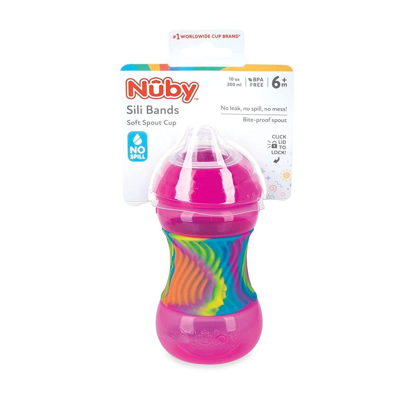 Nuby No Spill Sili Bands 10oz Soft Spout Cup with Textured Easy Grip Silicone Band - Pink