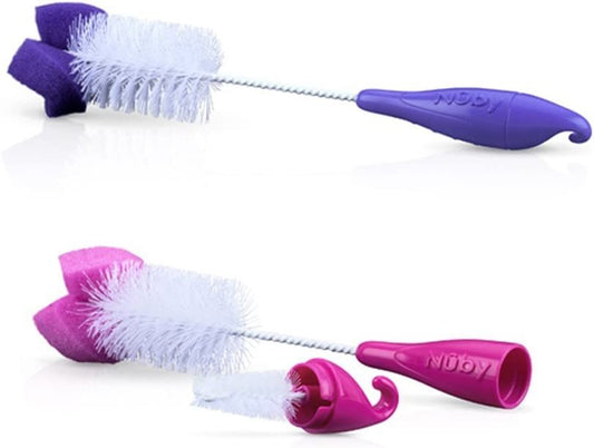 Nuby 2-Pack Bottle and Nipple Brush with Sponge Tip, Pink/Purple