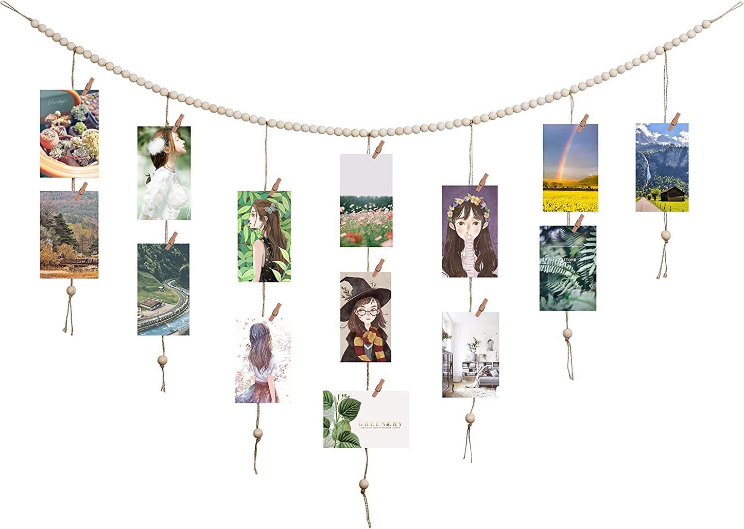 QXUJI Hanging Photo Display, Macrame Wall Hanging Pictures Holders with Wood Clips