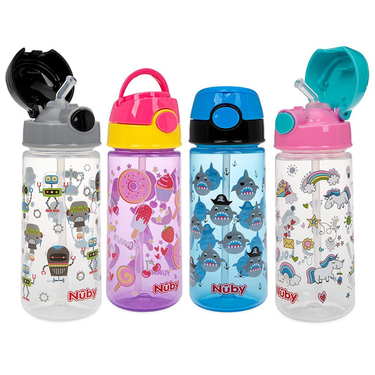2-Pack Nuby Kid’s Printed Flip-it Active Water Bottle with Push Button Cap and Soft Straw - 18oz / 540ml, 18+ Months, 2-Pack, Prints May Vary