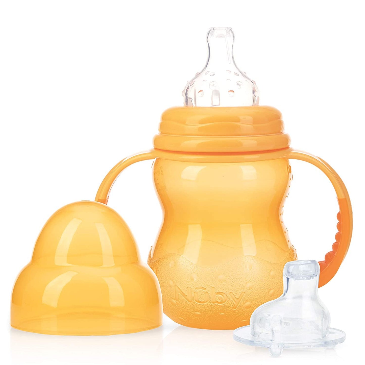Nuby 3-Stage Wide Neck No Spill Bottle with Handles and Non-Drip Juice Spout, 3 Months, 8 Ounce, Orange