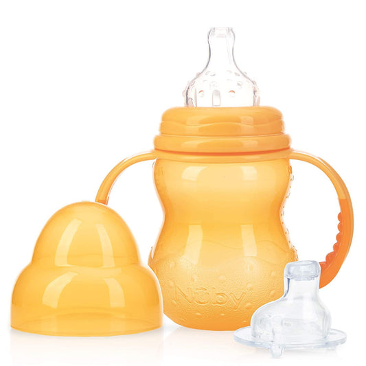 Nuby 3-Stage Wide Neck No Spill Bottle with Handles and Non-Drip Juice Spout, 3 Months, 8 Ounce, Orange