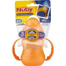 Nuby 3-Stage Wide Neck No Spill Bottle with Handles and Non-Drip Juice Spout, 3 Months, 8 Ounce, Orange
