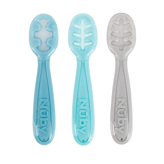 Nuby 3 Stage Baby's First Spoons with Easy Grip Handle, 3 Pack Kid's Feeding Utensil Set, 6 Months+, Boy