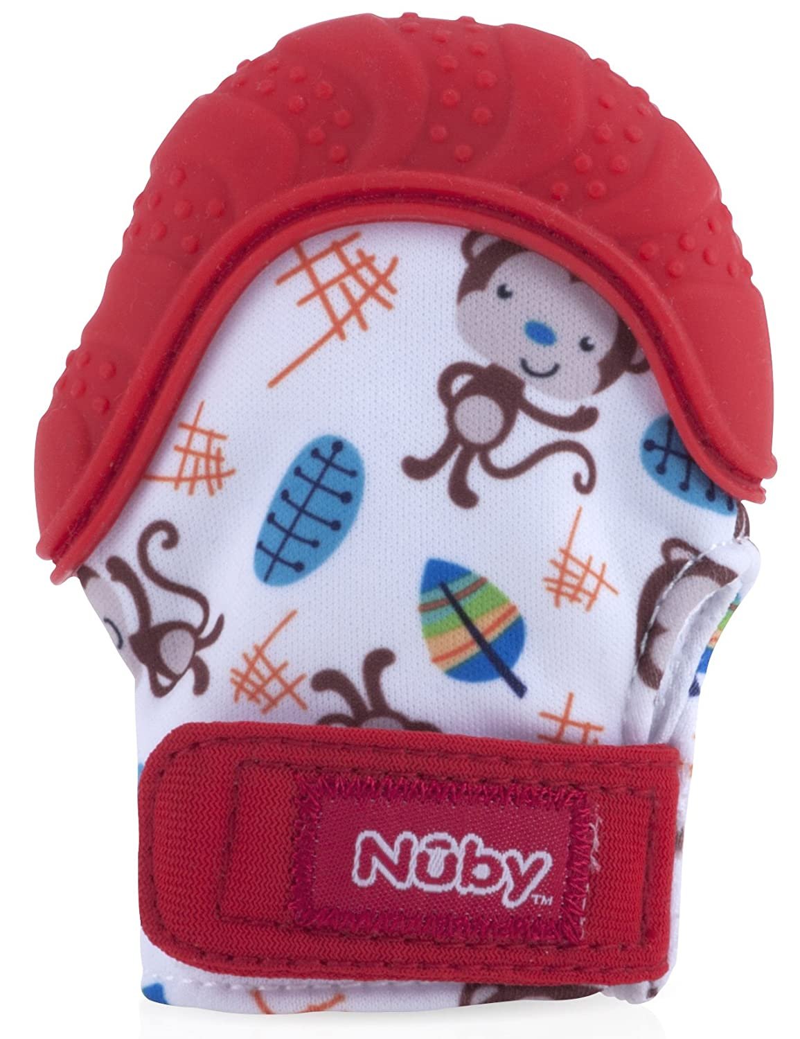 Nuby Soothing Teething Mitten with Hygienic Travel Bag, Red Monkey, 1 Count