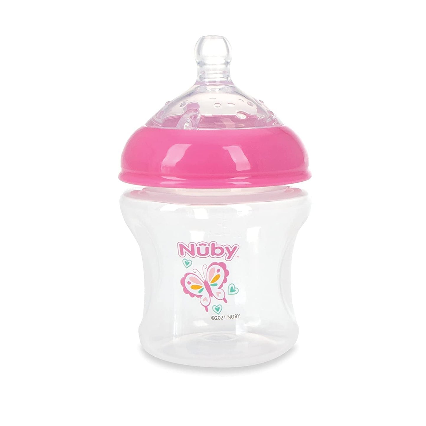 Nuby 3-Pack Infant Feeding Bottles with Slow Flow Breast Size Silicone Nipple: 0+ Months, 6oz, 3 Pack Set: Delicate Star, Rainbow, Butterfly Prints