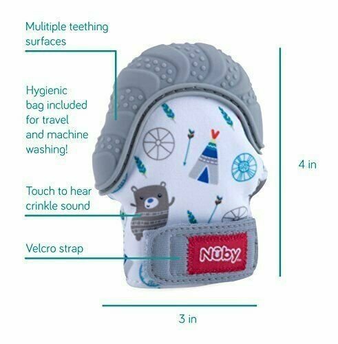 Nuby Soothing Teething Mitten with Hygienic Travel Bag Grey Teethers Feeding