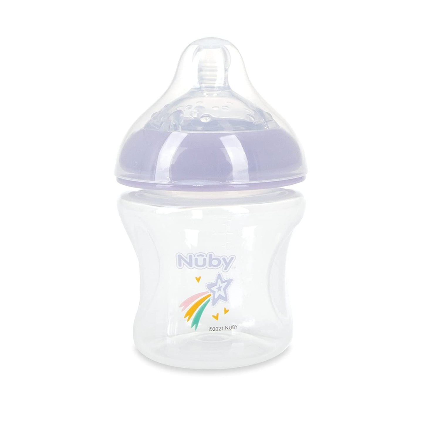 Nuby 3-Pack Infant Feeding Bottles with Slow Flow Breast Size Silicone Nipple: 0+ Months, 6oz, 3 Pack Set: Delicate Star, Rainbow, Butterfly Prints