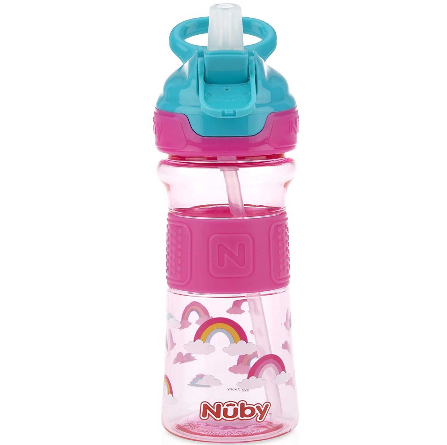 nuby thirsty kids push button flip-it soft spout on the go water bottle with easy grip band, green cactus, 12 ounce