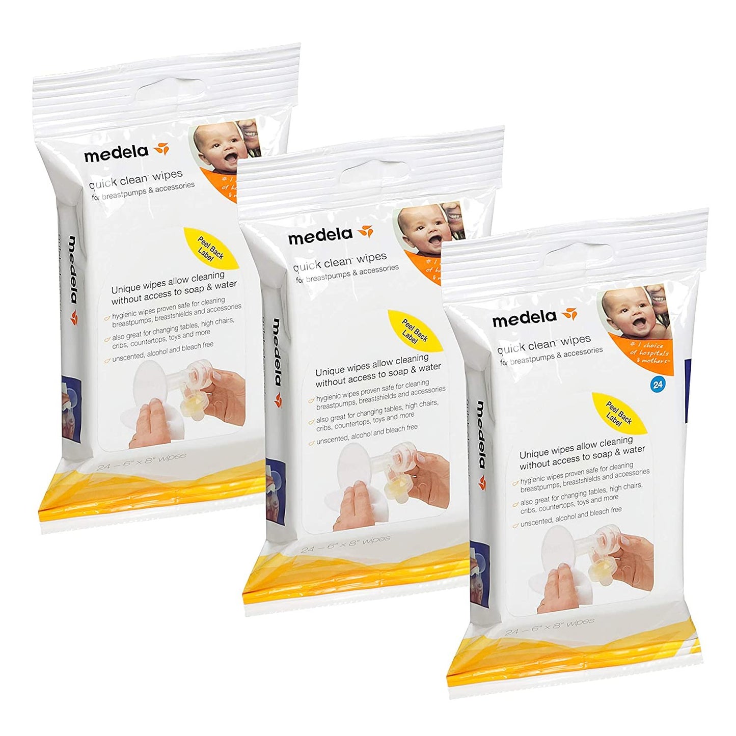 Medela Quick Clean Breast Pump and Accessory Wipes, 72 Wipes Total (3 Packs of 24), Convenient Portable Cleaning, Hygienic Wipes Safe for Cleaning High Chairs, Tables, Cribs and Countertops