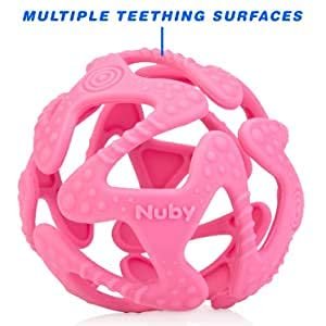 Nuby 100% Silicone Tuggy Teether Ball (Pink/Aqua) - 2 Pack