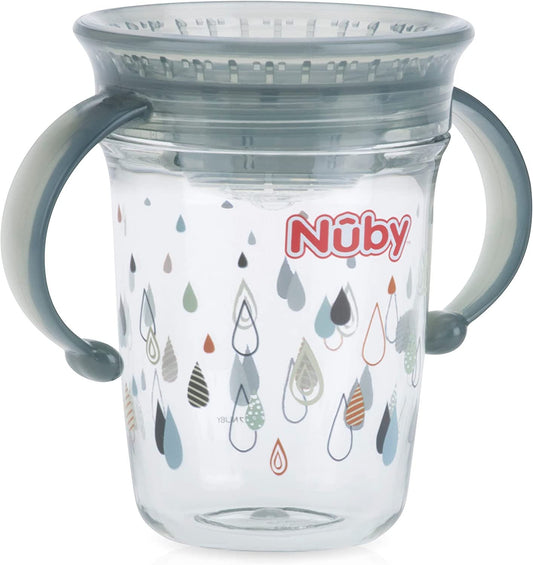 Nuby Tritan No Spill 2 Handle 360 Degree Printed Wonder Cup (Gray rain print, Red penguin, Aqua dinosaurs
